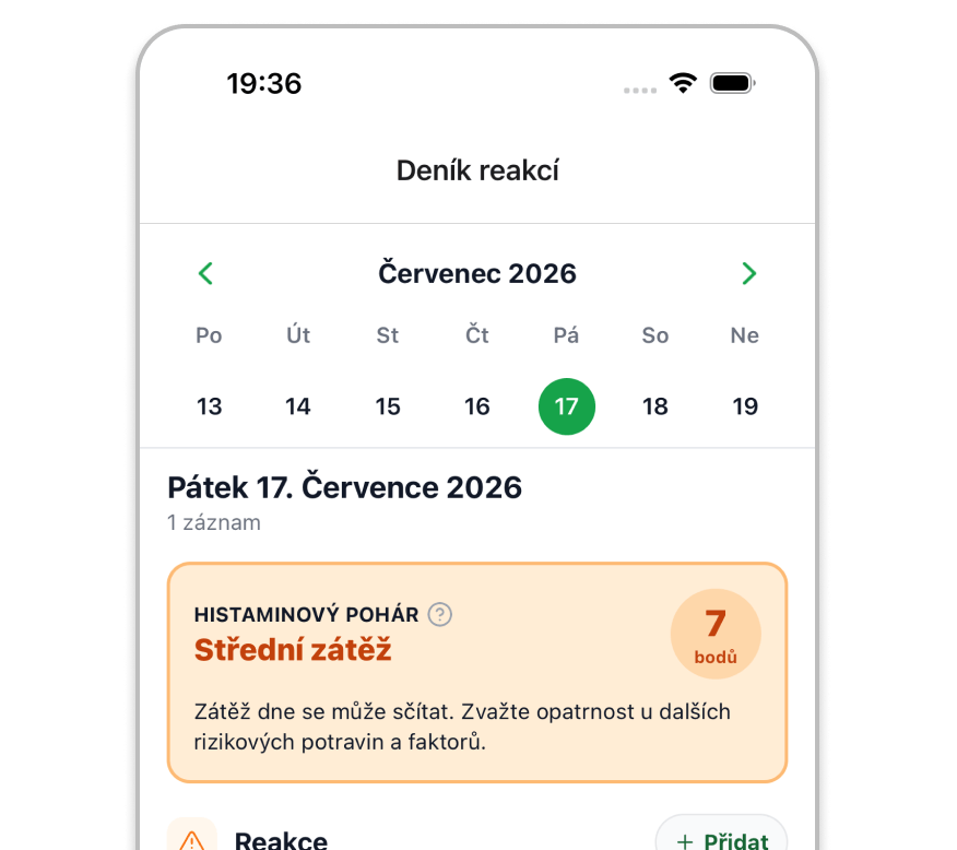Ukázka deníku reakcí v aplikaci BezHistaminu
