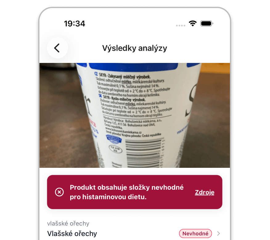 Ukázka analýzy složení produktu v aplikaci BezHistaminu