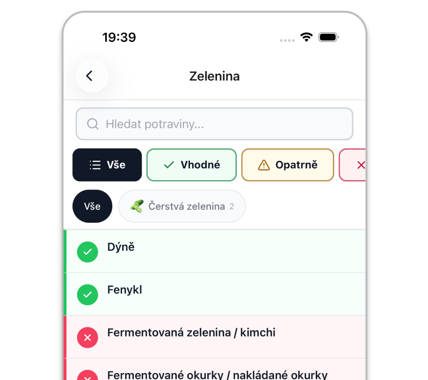 Ukázka vyhledávání potravin v aplikaci BezHistaminu