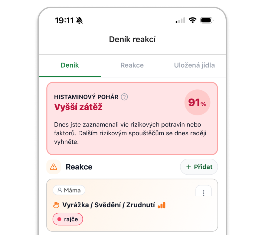 Ukázka deníku reakcí v aplikaci BezHistaminu