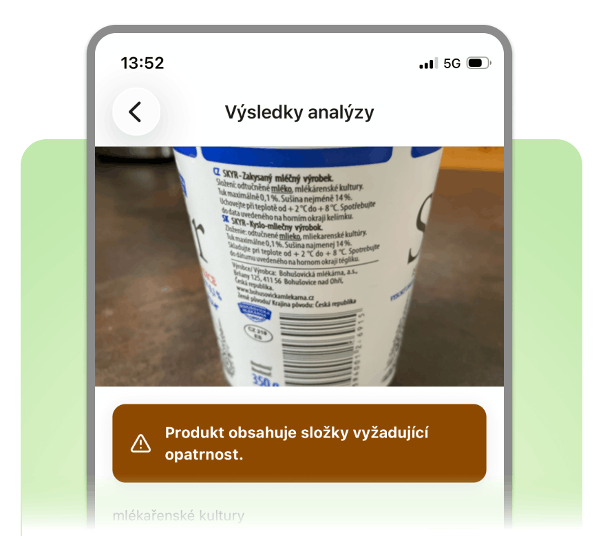 Ukázka analýzy složení produktu v aplikaci BezHistaminu