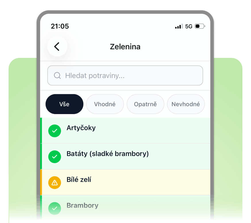Ukázka vyhledávání potravin v aplikaci BezHistaminu