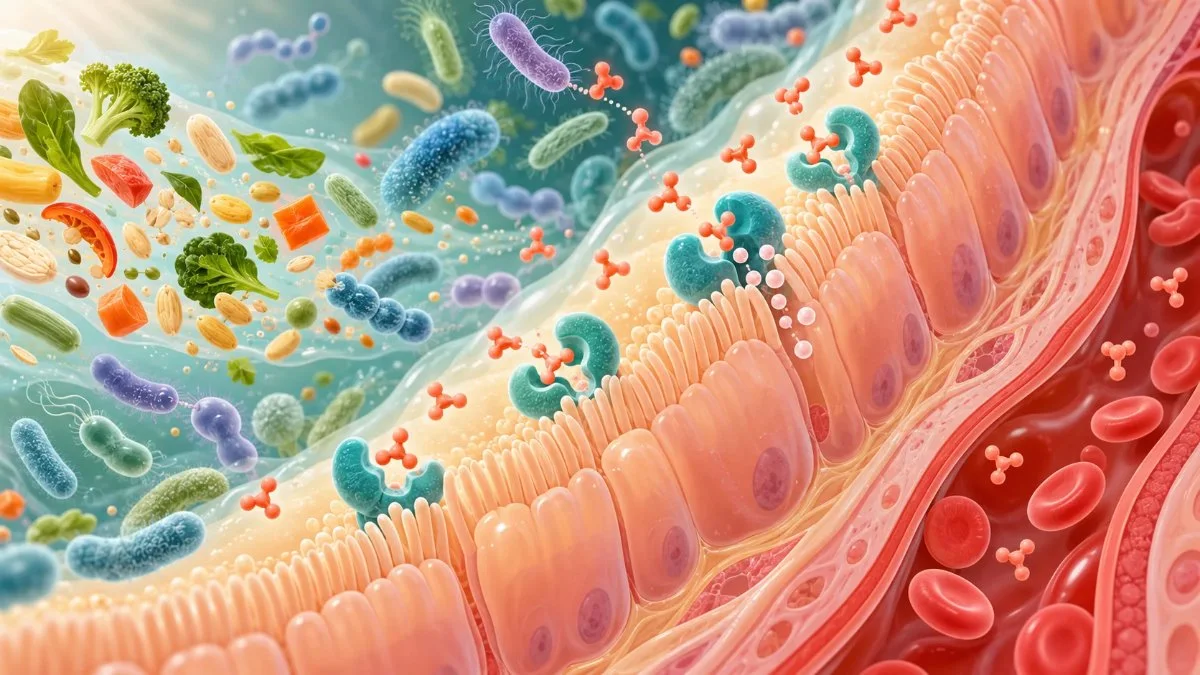 Zjednodušená ilustrace střevní stěny, mikroorganismů, histaminu a enzymu DAO